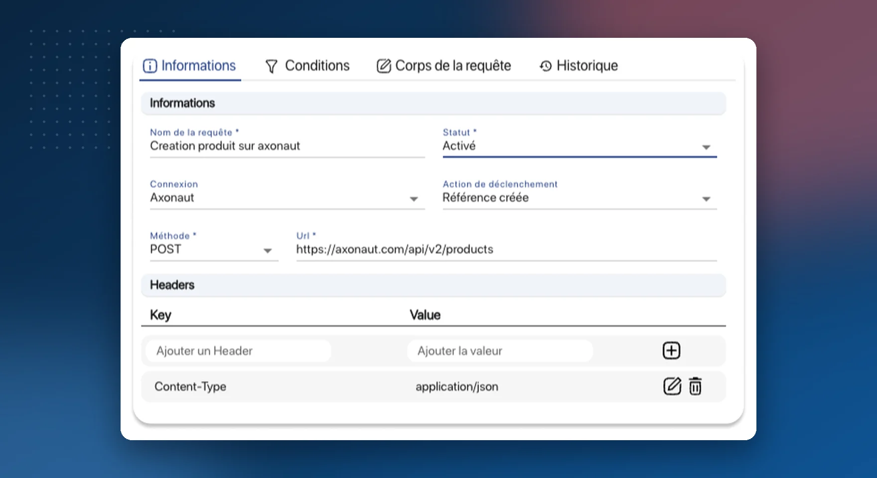 Configuring an API request in K inventory: connection to Axonaut, trigger “Référence créée” (item created)