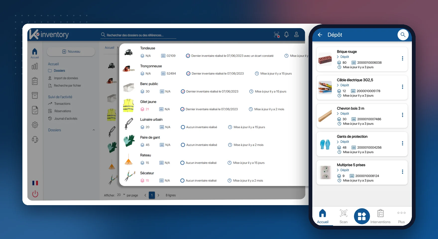 Liste d'équipements sur la plateforme web K inventory et contenu d'un dossier sur le téléphone