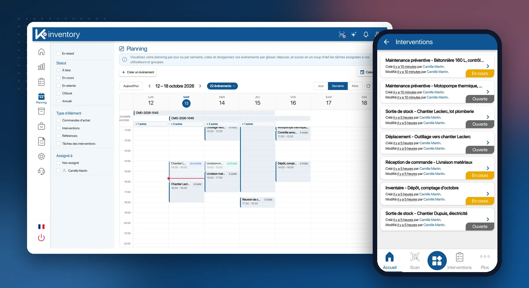 Operations schedule on the K inventory web platform and list of operations on the phone