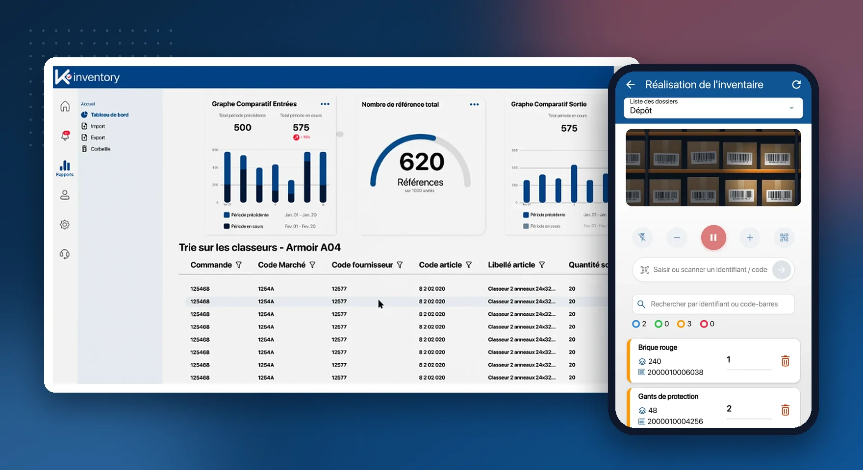 Stock dashboard on the K inventory web platform and continuous scanning of labels on the phone