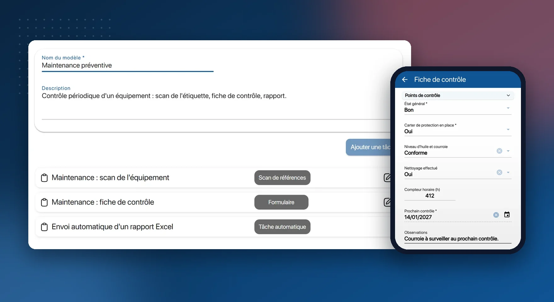 Intervention de maintenance préventive dans K inventory : modèle avec scan de l'équipement, fiche de contrôle et rapport Excel, et fiche de contrôle remplie sur le téléphone