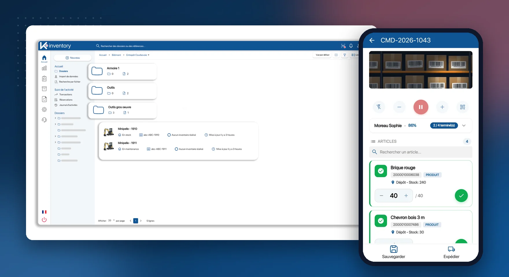 Arborescence des emplacements sur la plateforme web K inventory et préparation de commande au scan sur le téléphone