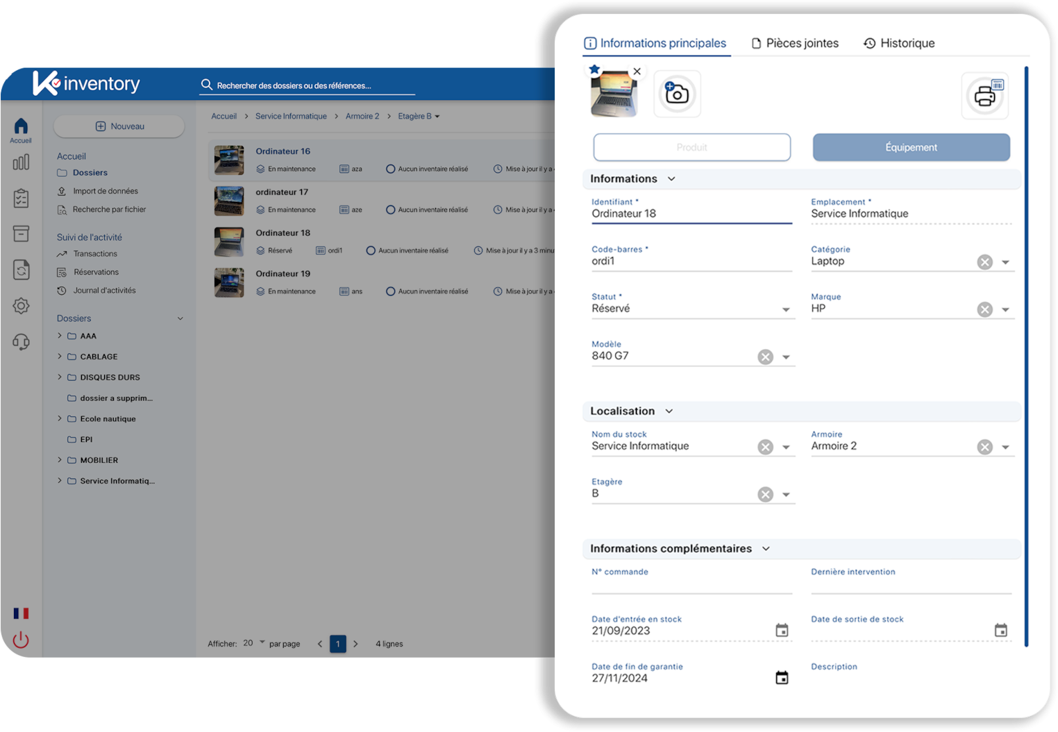 Liste des ordinateurs portables et fiche d'un poste sur la plateforme web : marque, modèle, emplacement, fin de garantie