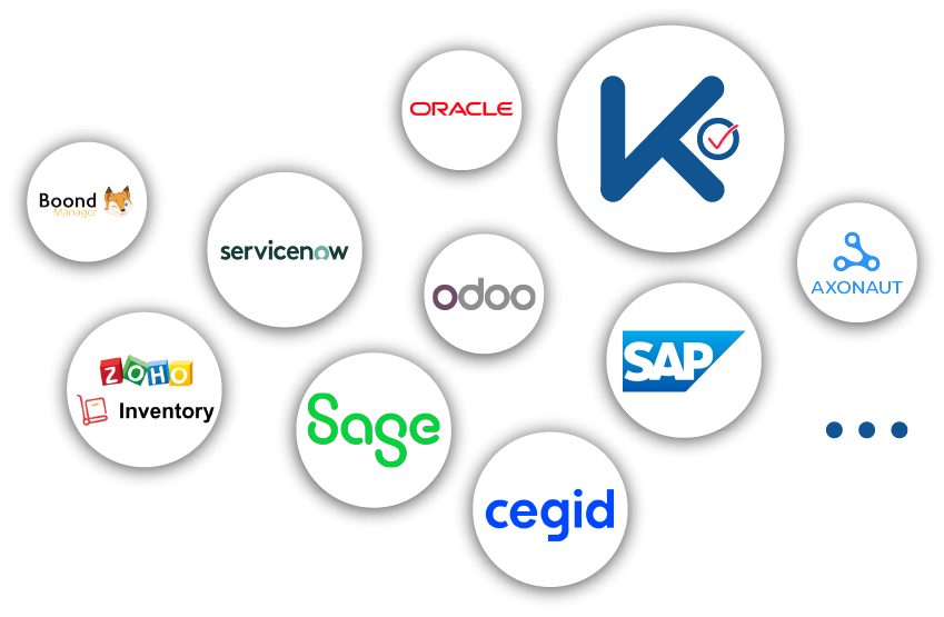 Logiciels connectés à K inventory : SAP, Oracle, Sage, Cegid, Odoo, ServiceNow, Zoho Inventory, BoondManager, Axonaut