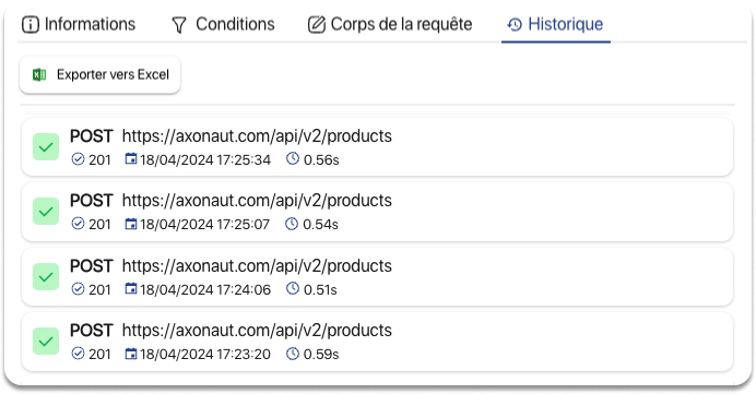 History of sent and received API requests in K inventory